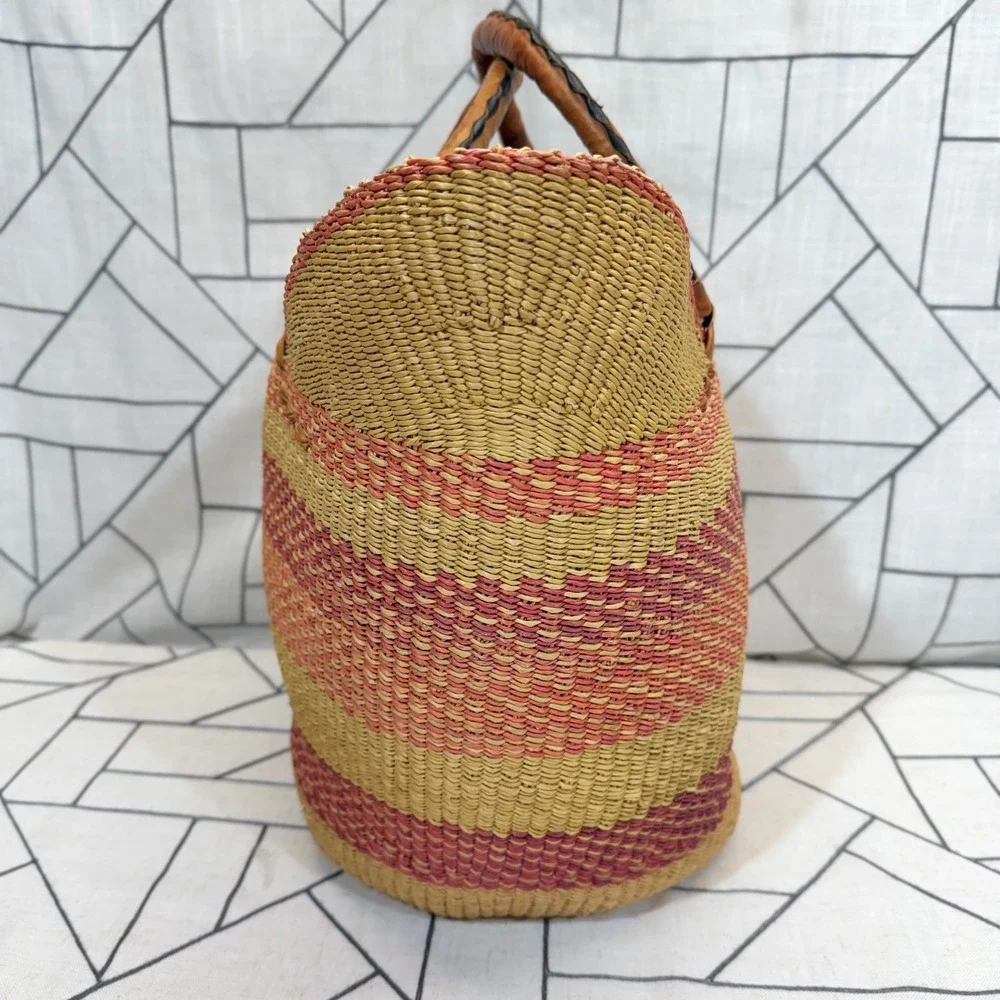 Plum + Sparrow Woven Market Basket Large Multicolor Striped Leather Handles